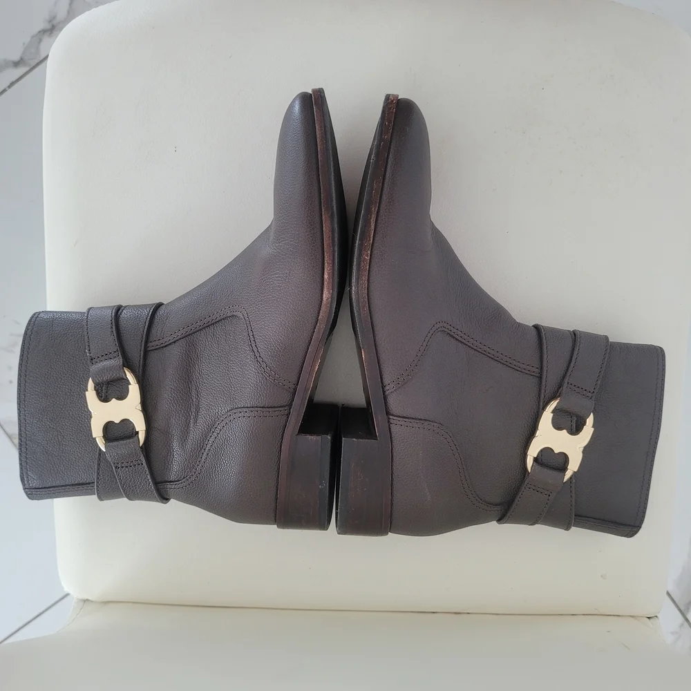 Tory Burch Dark Brown Ankle Boots with Gold Buckle Size 8M